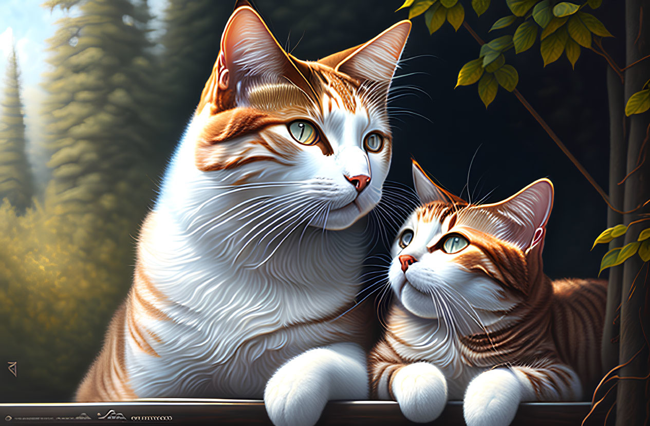 Two Orange and White Tabby Cats with Green Eyes in Dark Green Forest