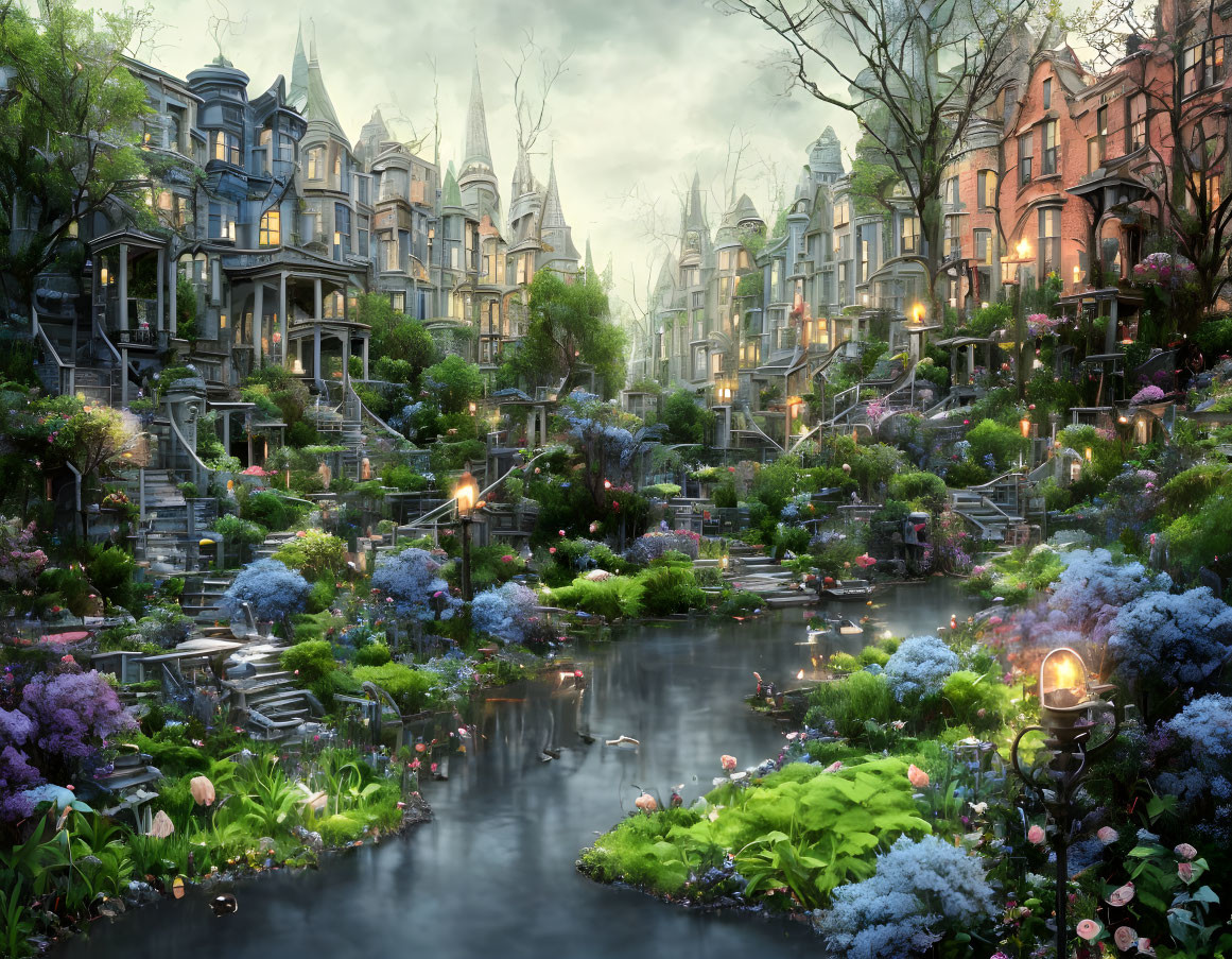 Tranquil Garden City with Lush Greenery and River at Twilight