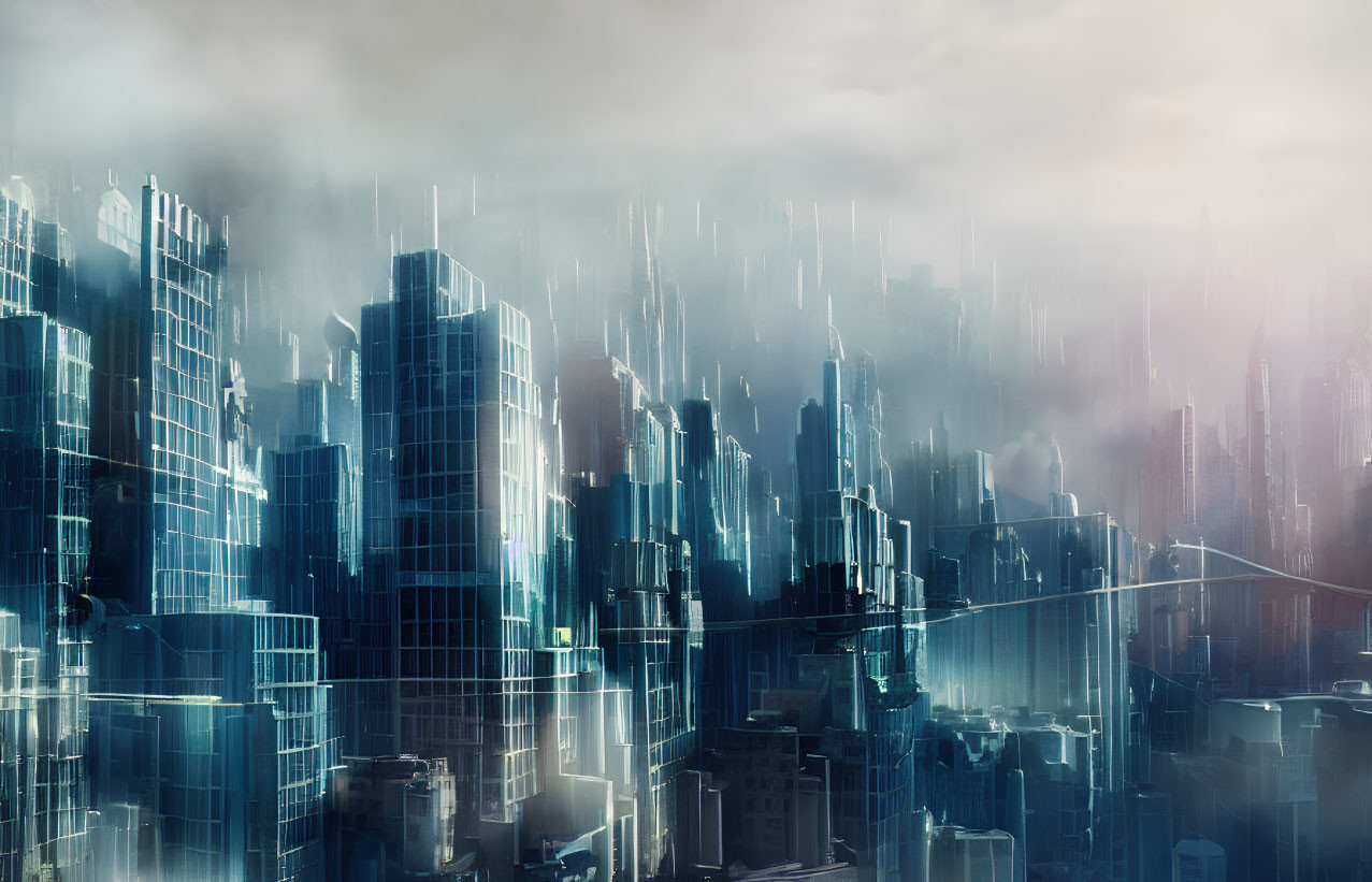 Futuristic cityscape with misty skyscrapers and soft glowing lights
