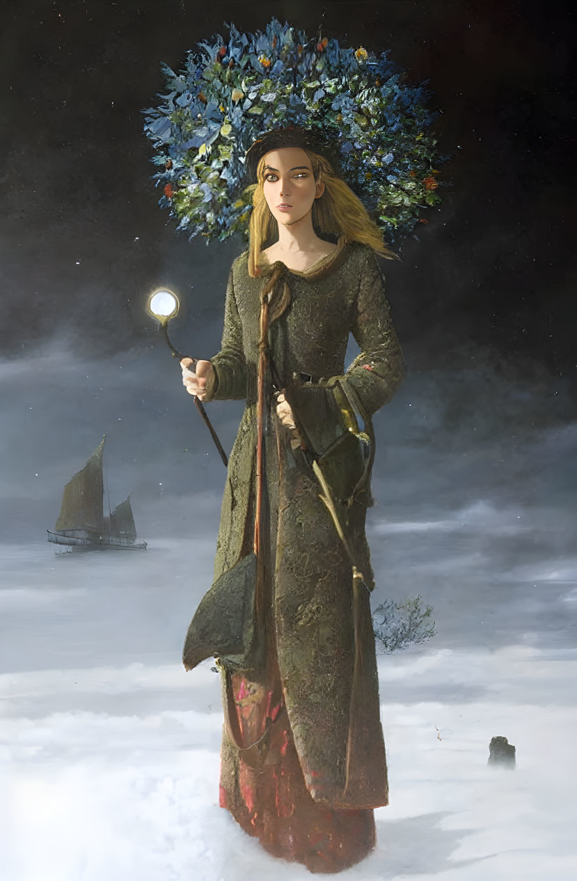 Woman with floral wreath in snow holding glowing staff, ship in background