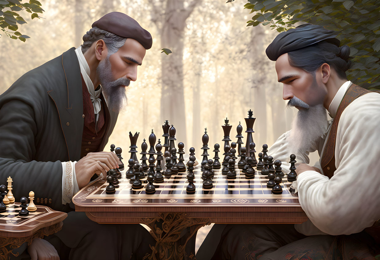 Men with beards in vintage attire play chess in serene forest