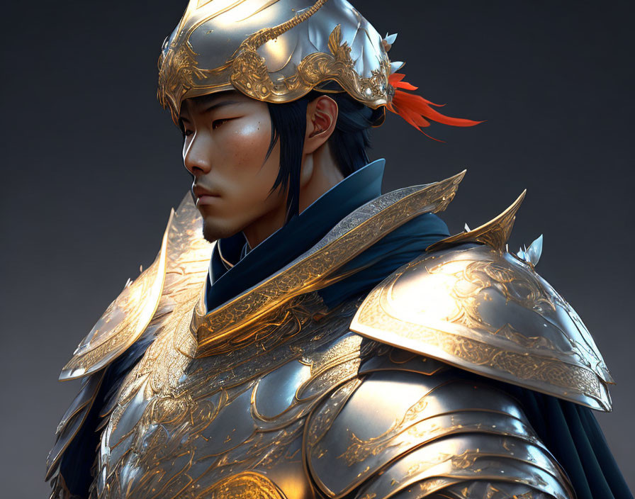 Asian warrior in ornate golden armor with feathered helmet - digital artwork