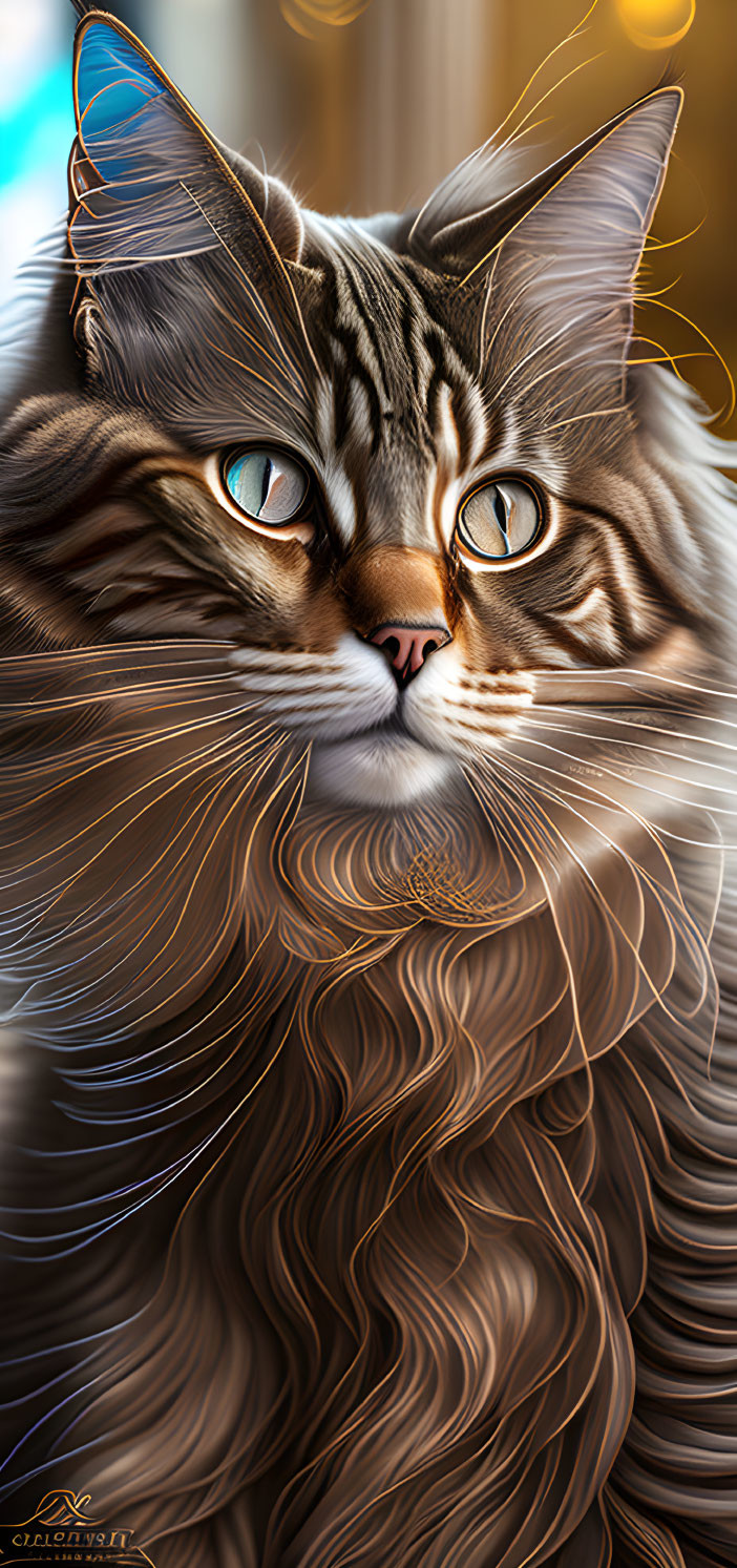 Detailed Digital Art: Fluffy Tabby Cat with Blue Eyes & Intricate Fur Patterns