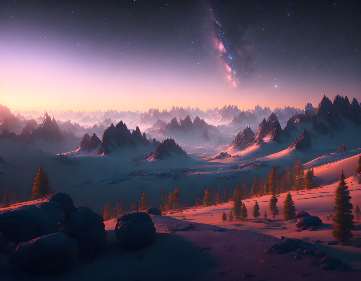 Snow-covered landscape at dusk with silhouetted mountains, starry sky, and evergreen trees