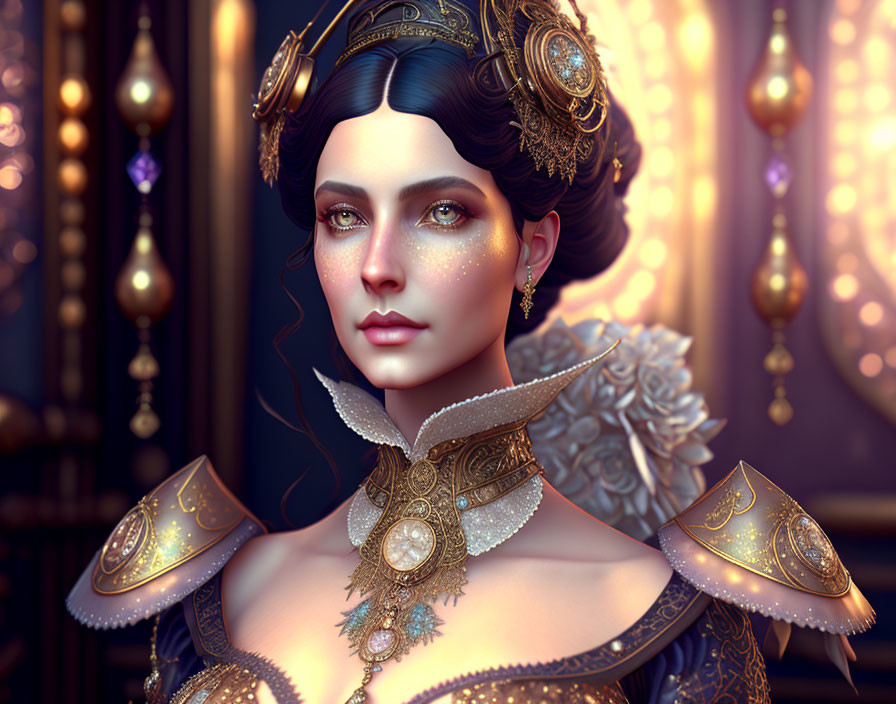 Digital Art: Dark-Haired Woman in Golden Royal Attire