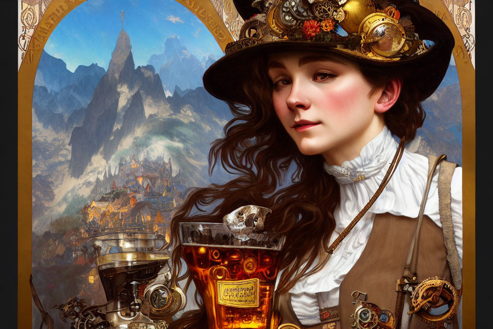 Steampunk-themed woman with top hat and monocle in mountainous vintage town landscape