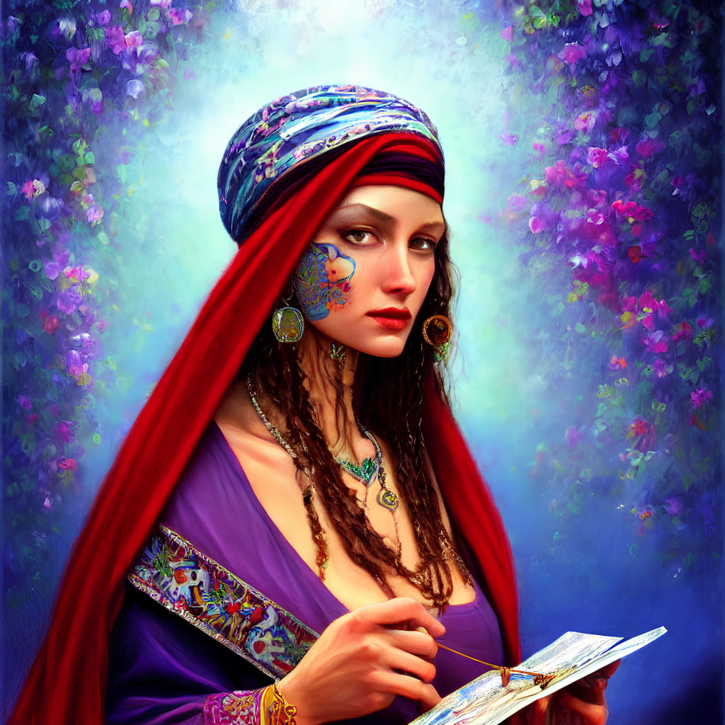 Red-haired woman in colorful headscarf and purple dress painting with palette, floral backdrop