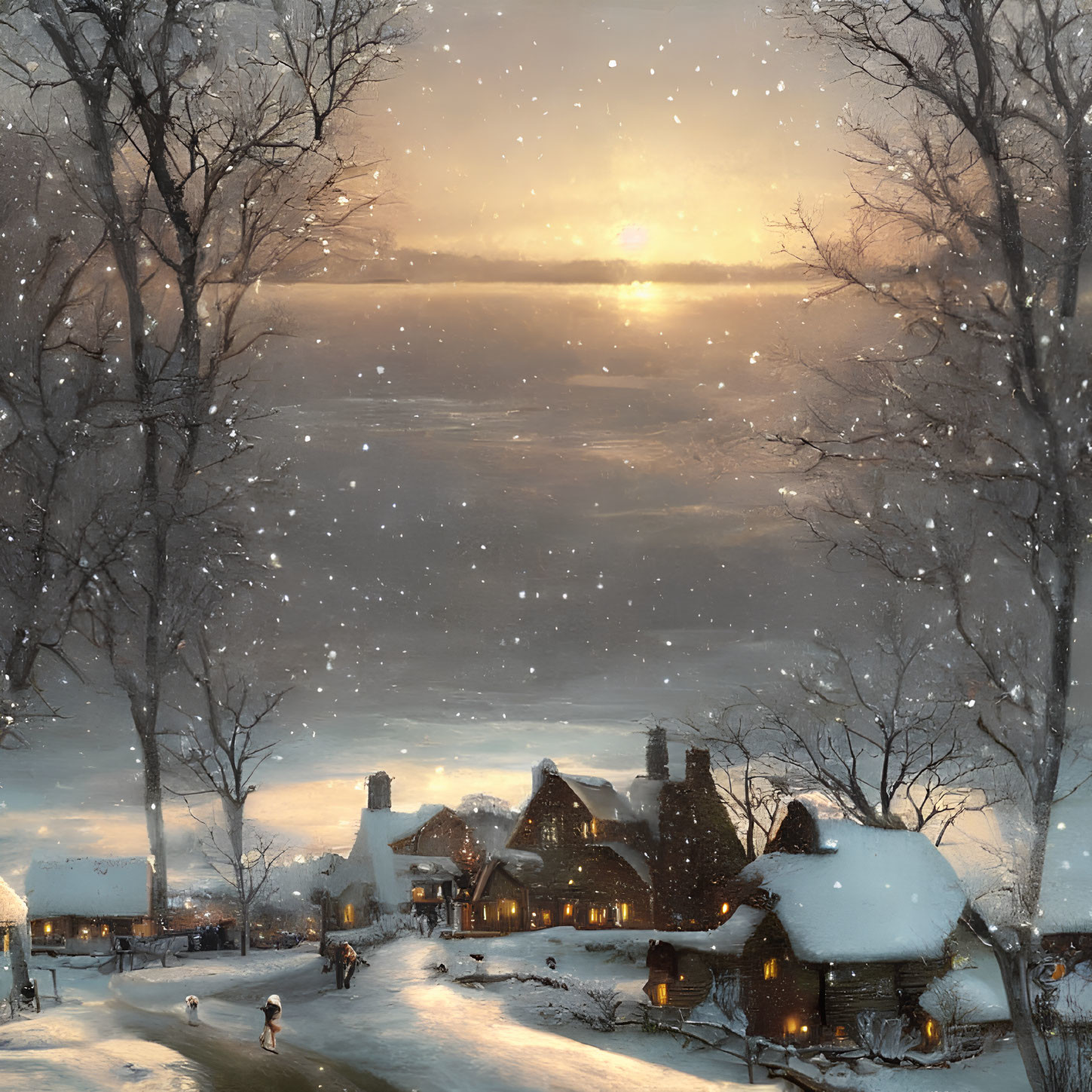 Snow-covered cottages, frozen lake, falling snowflakes: Tranquil winter dusk.