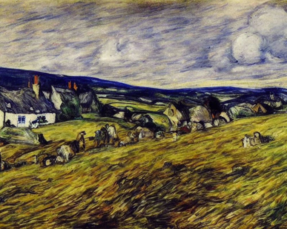 Vibrant Expressionist rural scene with white houses and grazing sheep
