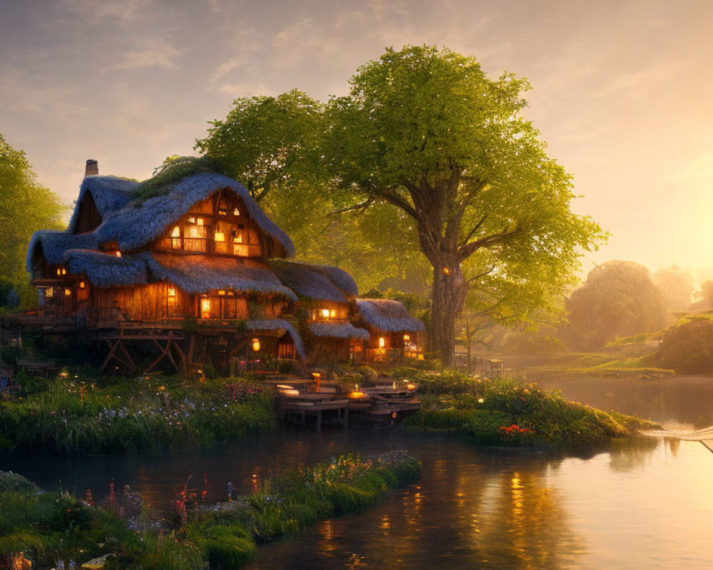 Thatched-Roof Cottage by Tranquil River at Sunrise