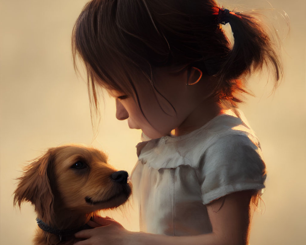 Young girl with ponytail petting brown dog under warm light