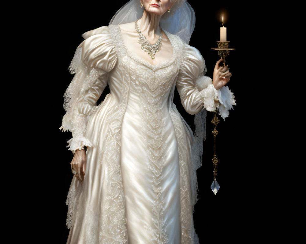 Elegant figure in white period dress holding candlestick with ghostly expression