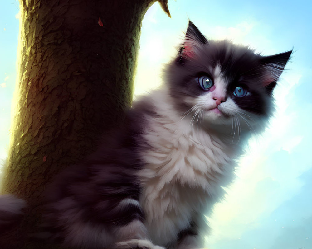 Fluffy black and white cat with blue eyes by tree in sunlight