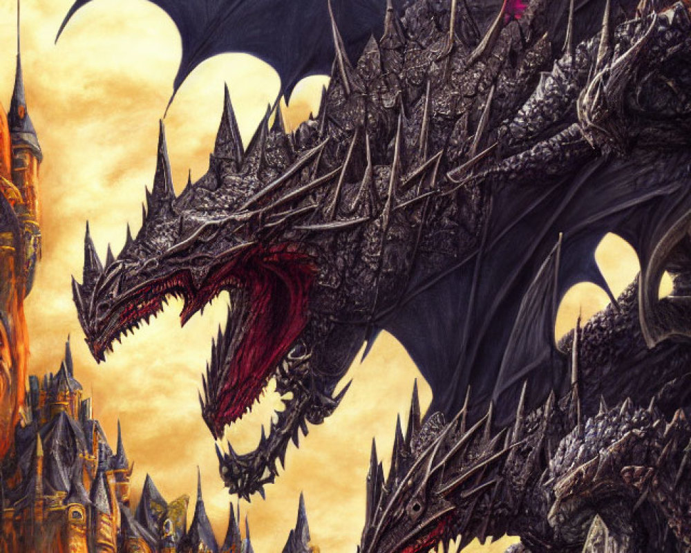 Black dragon with red-tinged mouth looms over castle in golden cloud backdrop
