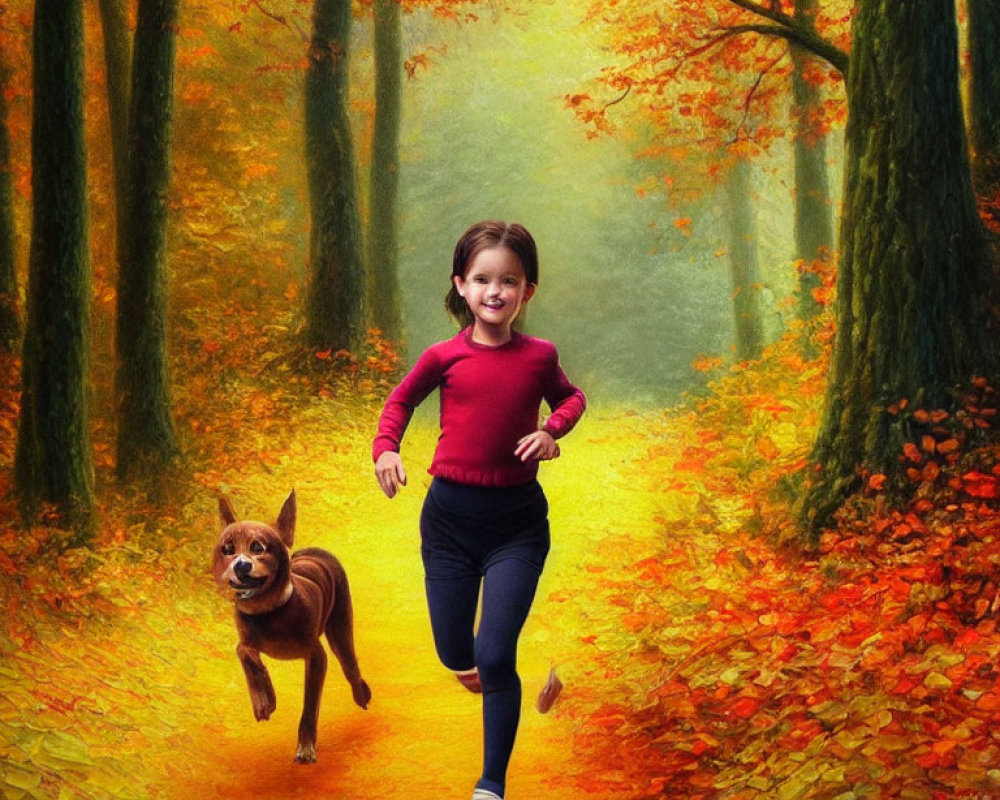 Girl and dog running in vibrant autumn forest with golden leaves.