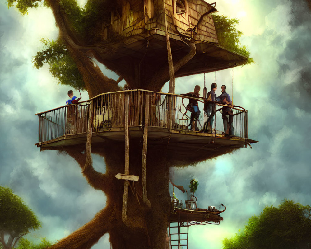 Treehouse with circular deck, bridges, and ladders in lush foliage under dreamy sky