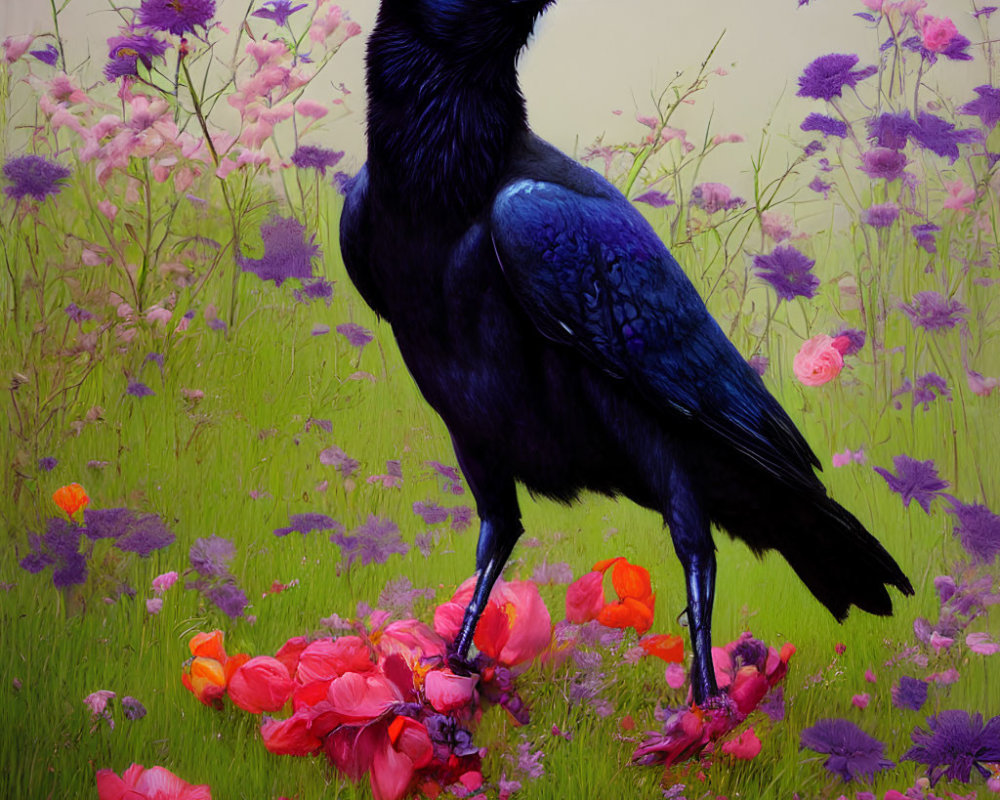 Black raven in colorful flower field - striking contrast