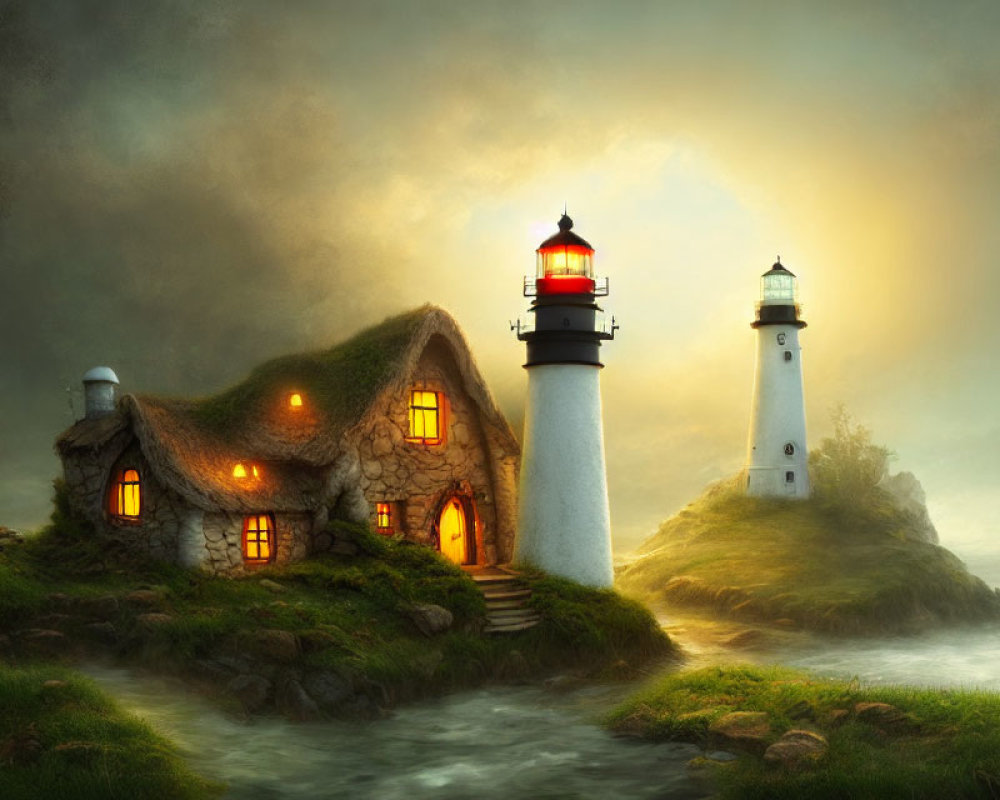 Thatched Cottage and White Lighthouse on Misty Island at Dusk