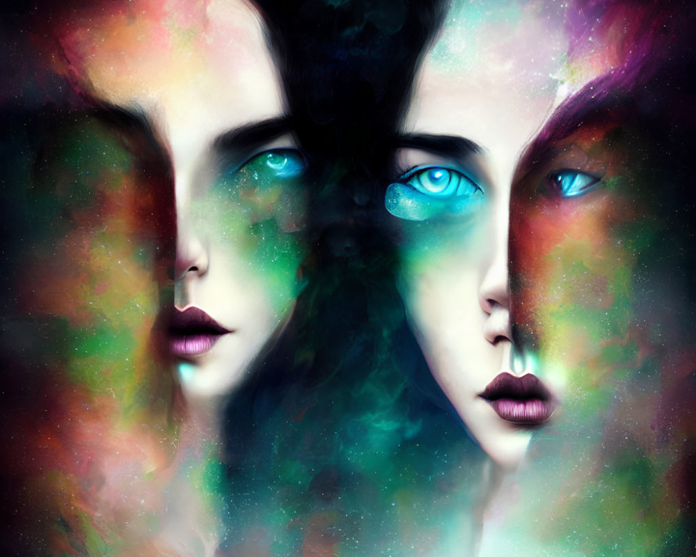 Digital artwork: Mirrored faces blend with cosmic nebula in vibrant colors