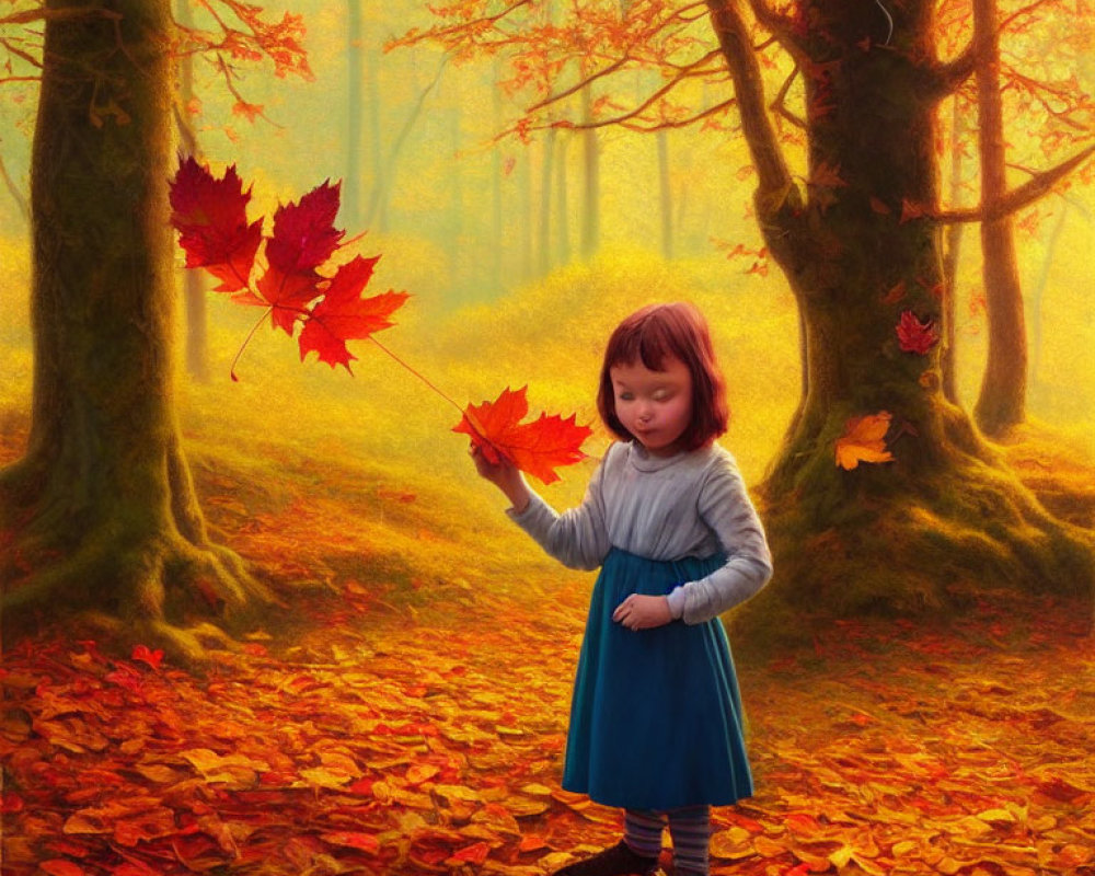 Young girl in blue skirt with red maple leaf in golden autumn forest