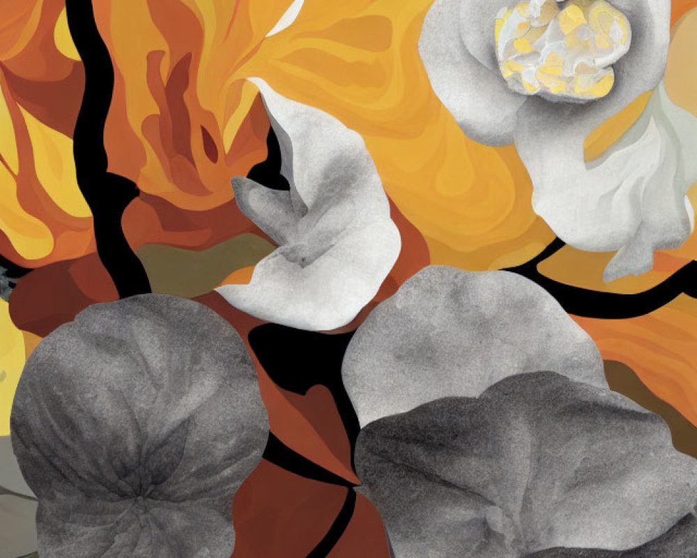 Colorful abstract floral art with orange and yellow flowers alongside grayscale blooms on a patterned backdrop