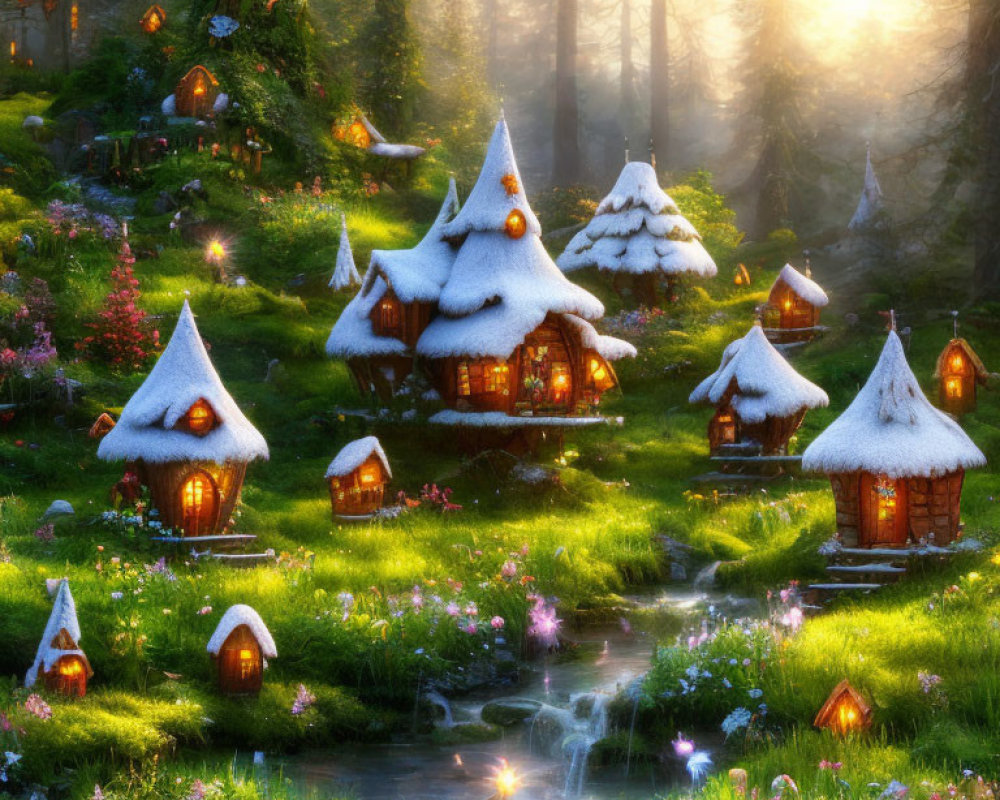 Snow-capped thatch-roof cottages in fairy tale village under golden sunrise