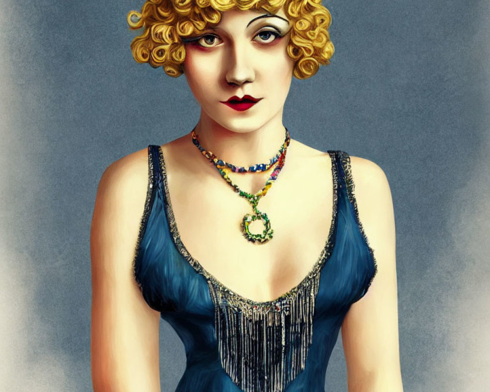 Blonde woman in 1920s blue flapper dress with curly hair