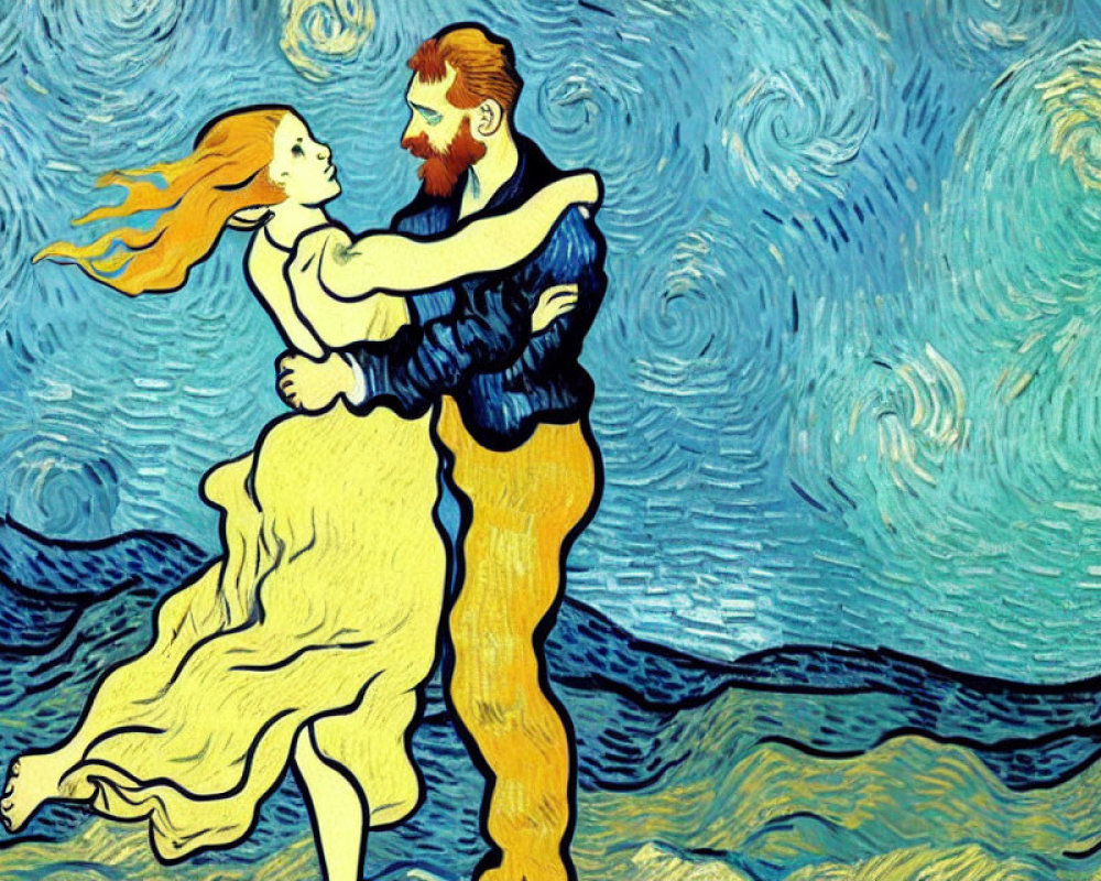 Vibrant post-impressionist couple embracing artwork