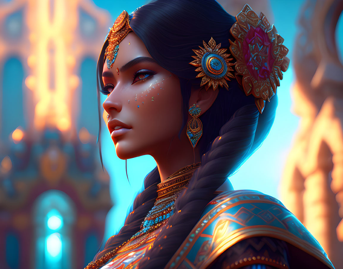 Detailed 3D illustration of woman in ornate traditional attire and jewelry against architectural backdrop