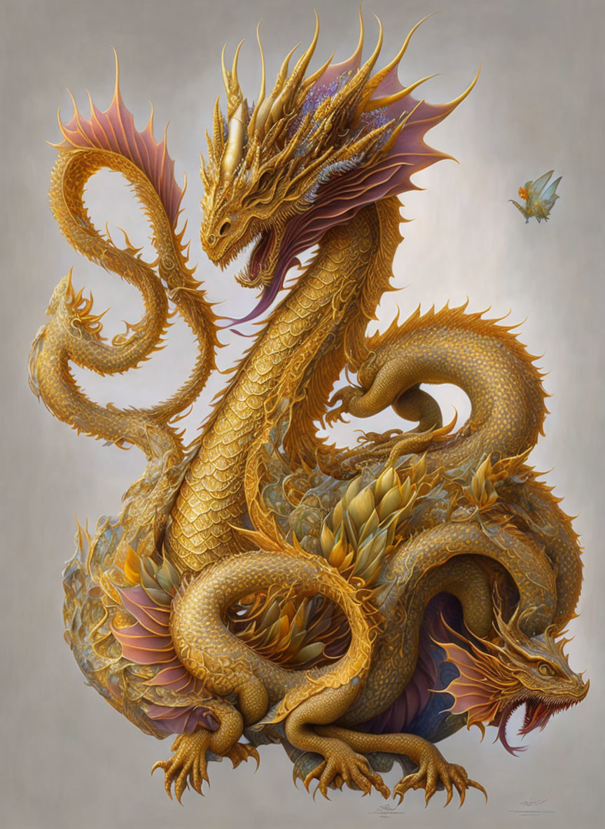 Detailed golden dragon illustration with ornate scales and horns, coiled elegantly with butterfly.