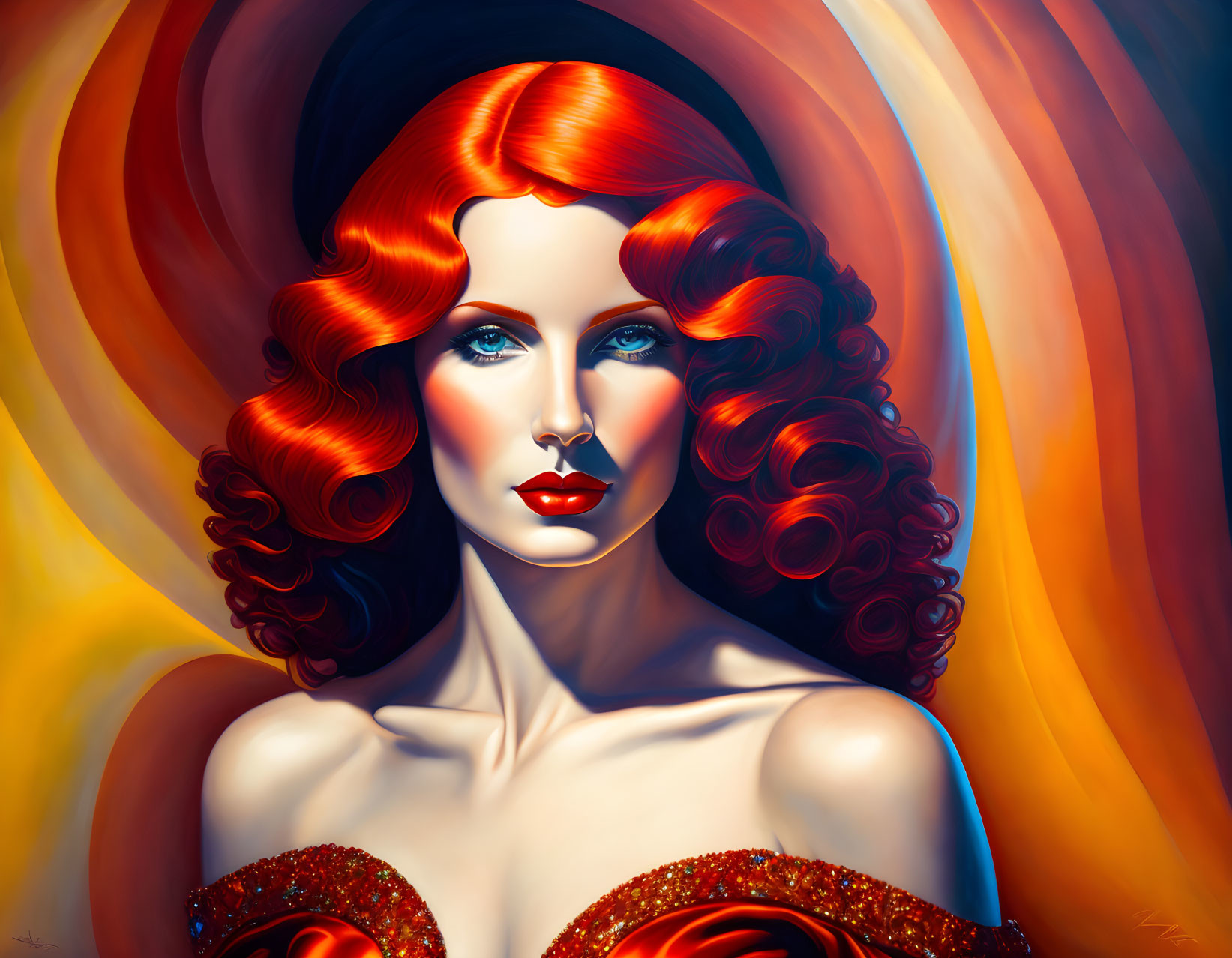 Colorful digital artwork featuring a woman with red hair and dress on a vibrant background