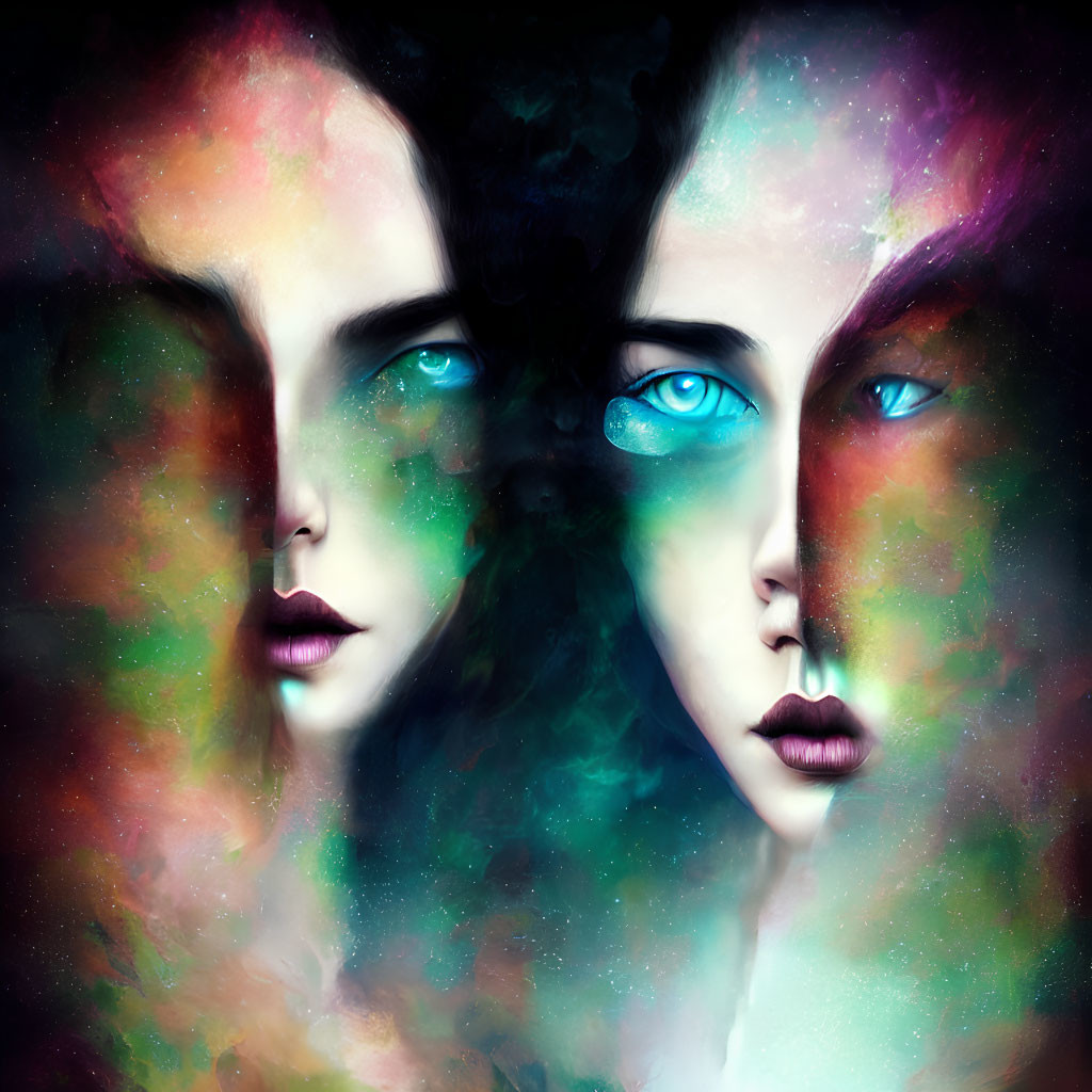 Digital artwork: Mirrored faces blend with cosmic nebula in vibrant colors