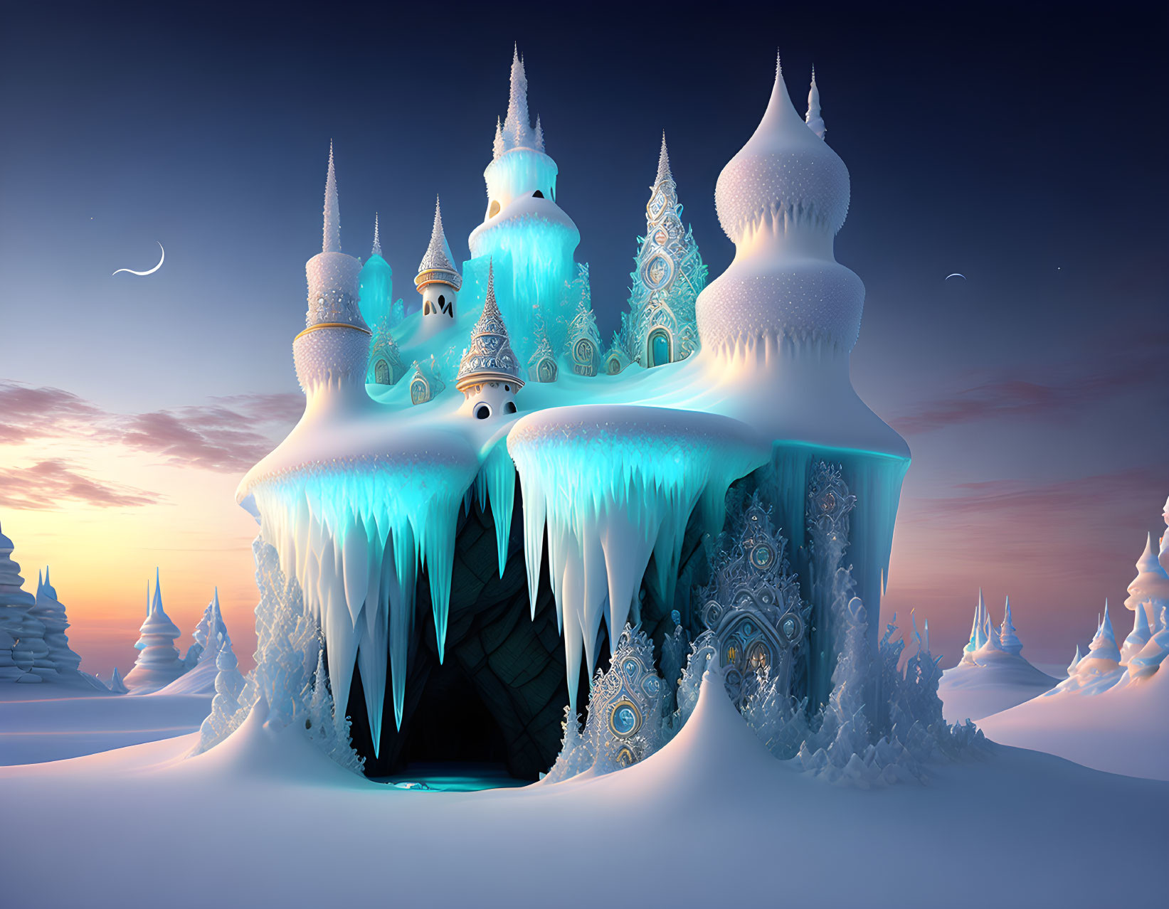Majestic ice castle in twilight snowscape with crescent moon and stars