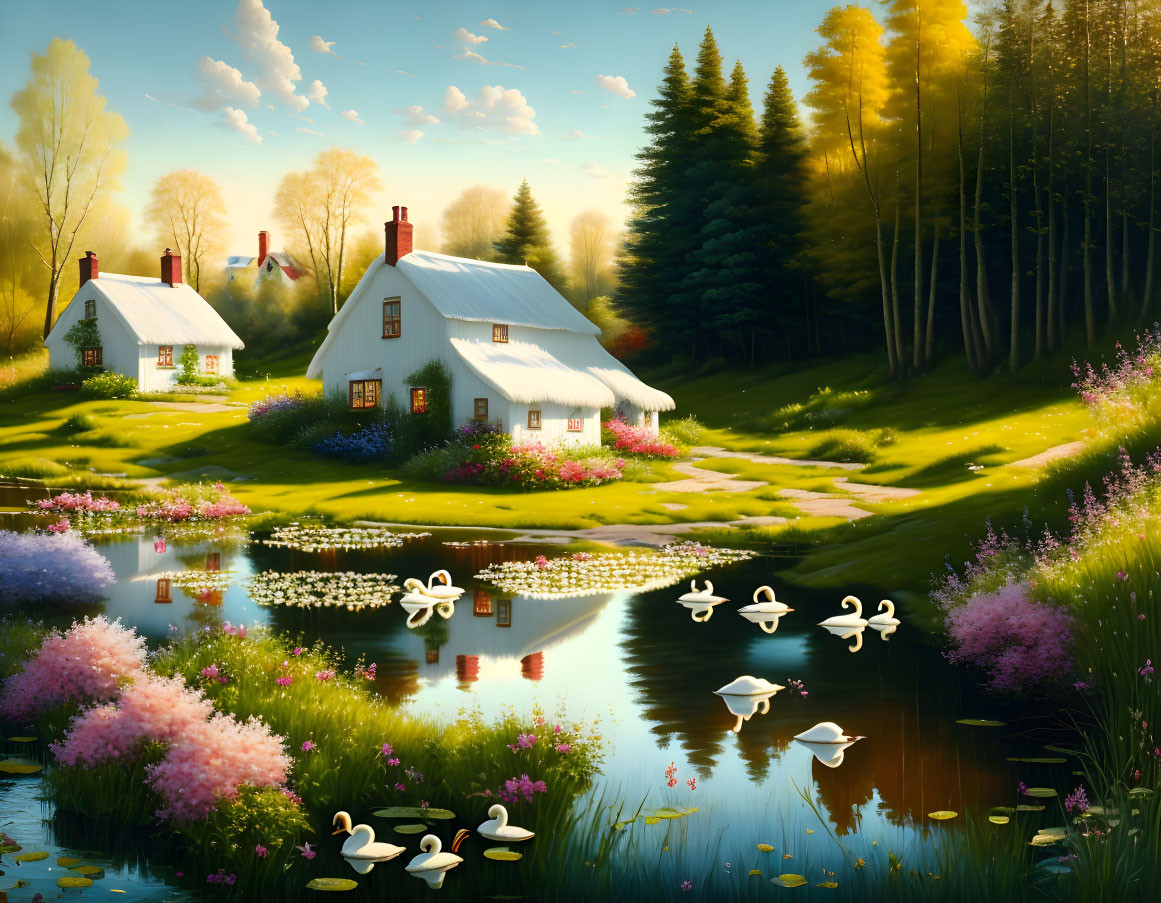 Rural landscape: Thatched cottages, pond, swans, trees, flowers