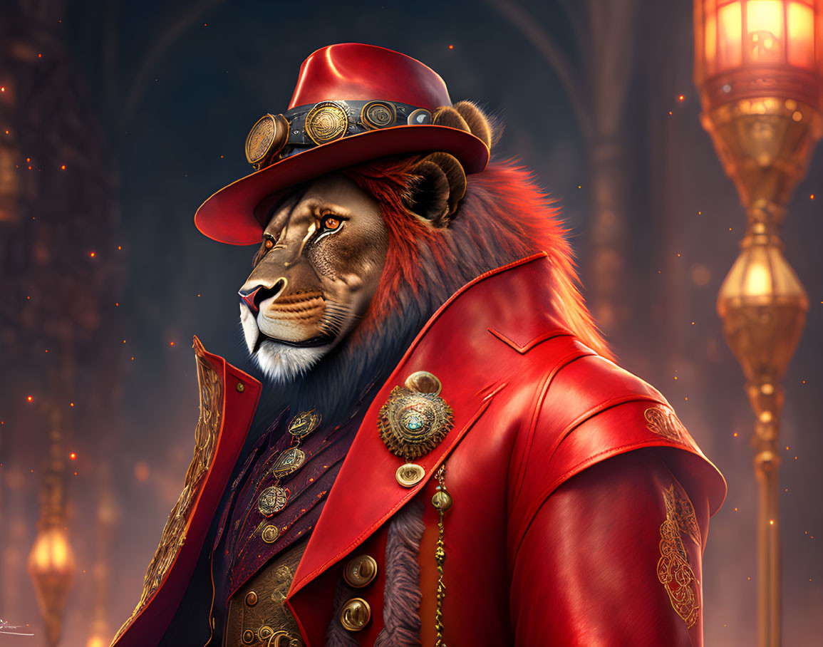 Anthropomorphic lion in red Victorian attire in foggy lamp-lit setting