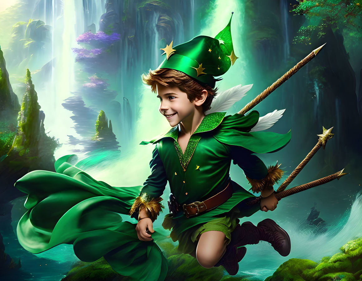 Child in Peter Pan costume in magical forest with waterfalls