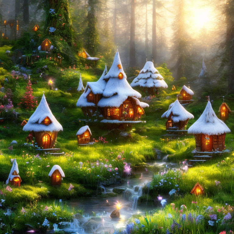 Snow-capped thatch-roof cottages in fairy tale village under golden sunrise