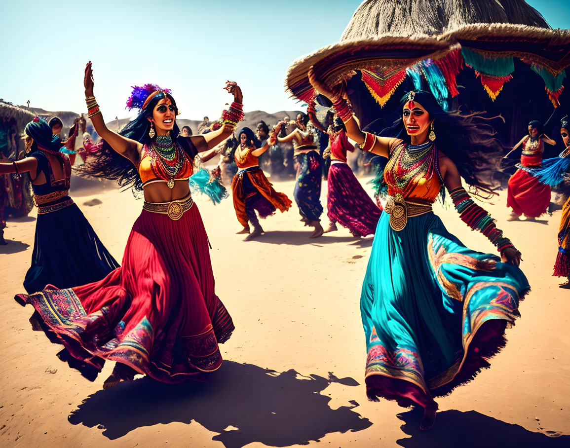 Traditional attired women dancing joyfully in desert setting with huts and other dancers.
