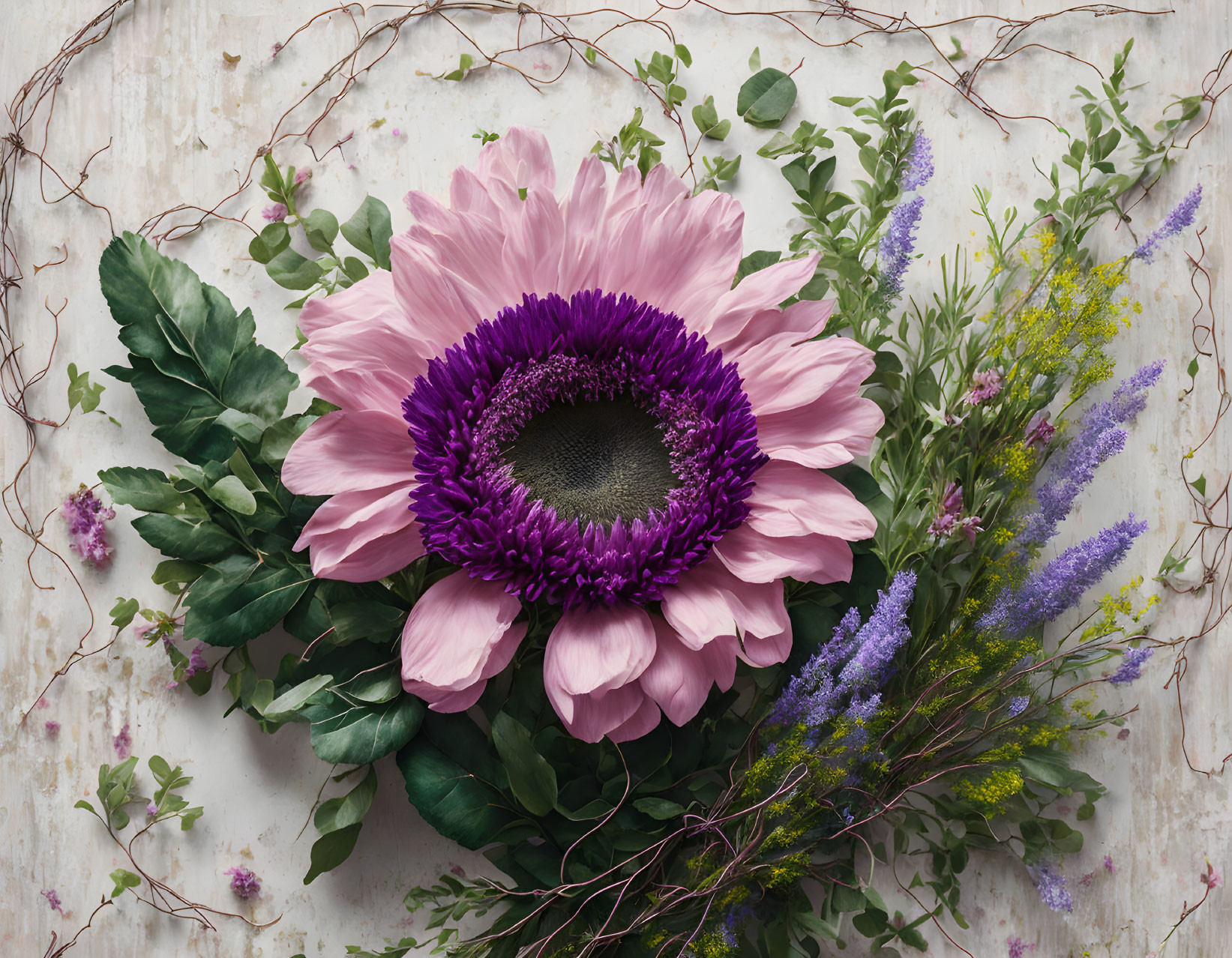 Pink Gerbera Daisy with Green Leaves and Purple Flowers on White Surface