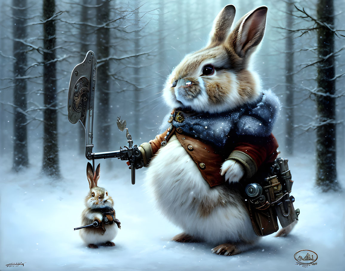 Two rabbits in armor with swords in snowy forest