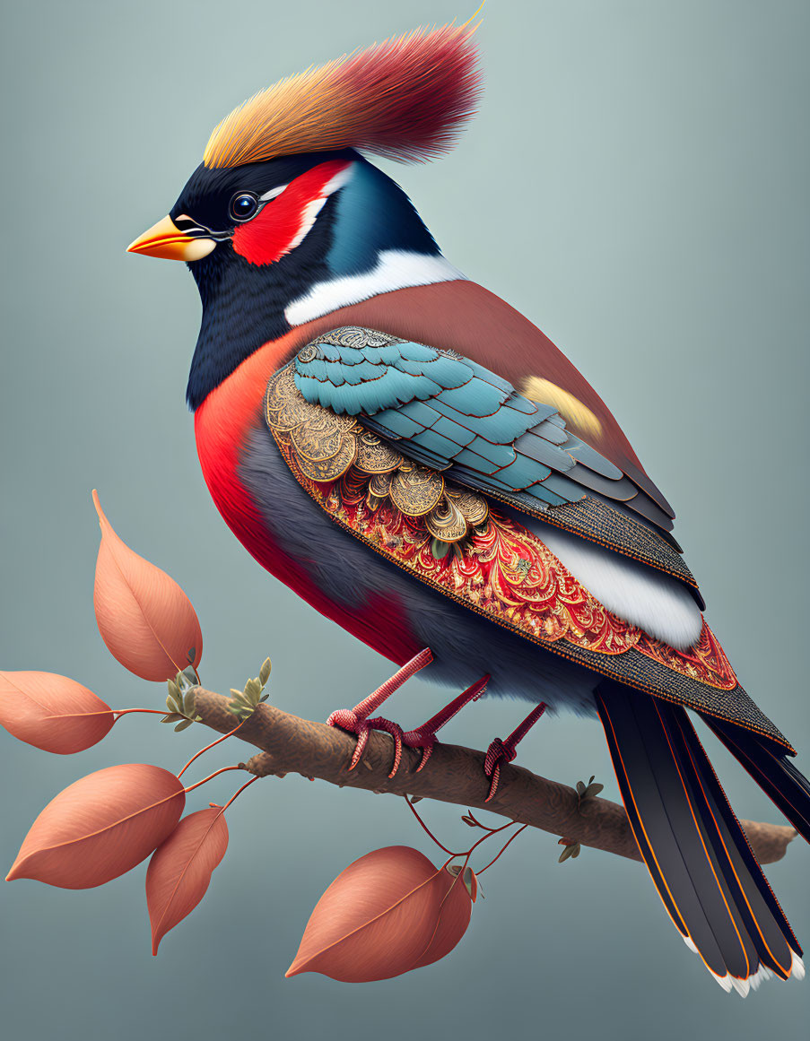 Colorful Bird Illustration with Intricate Feather Patterns on Branch
