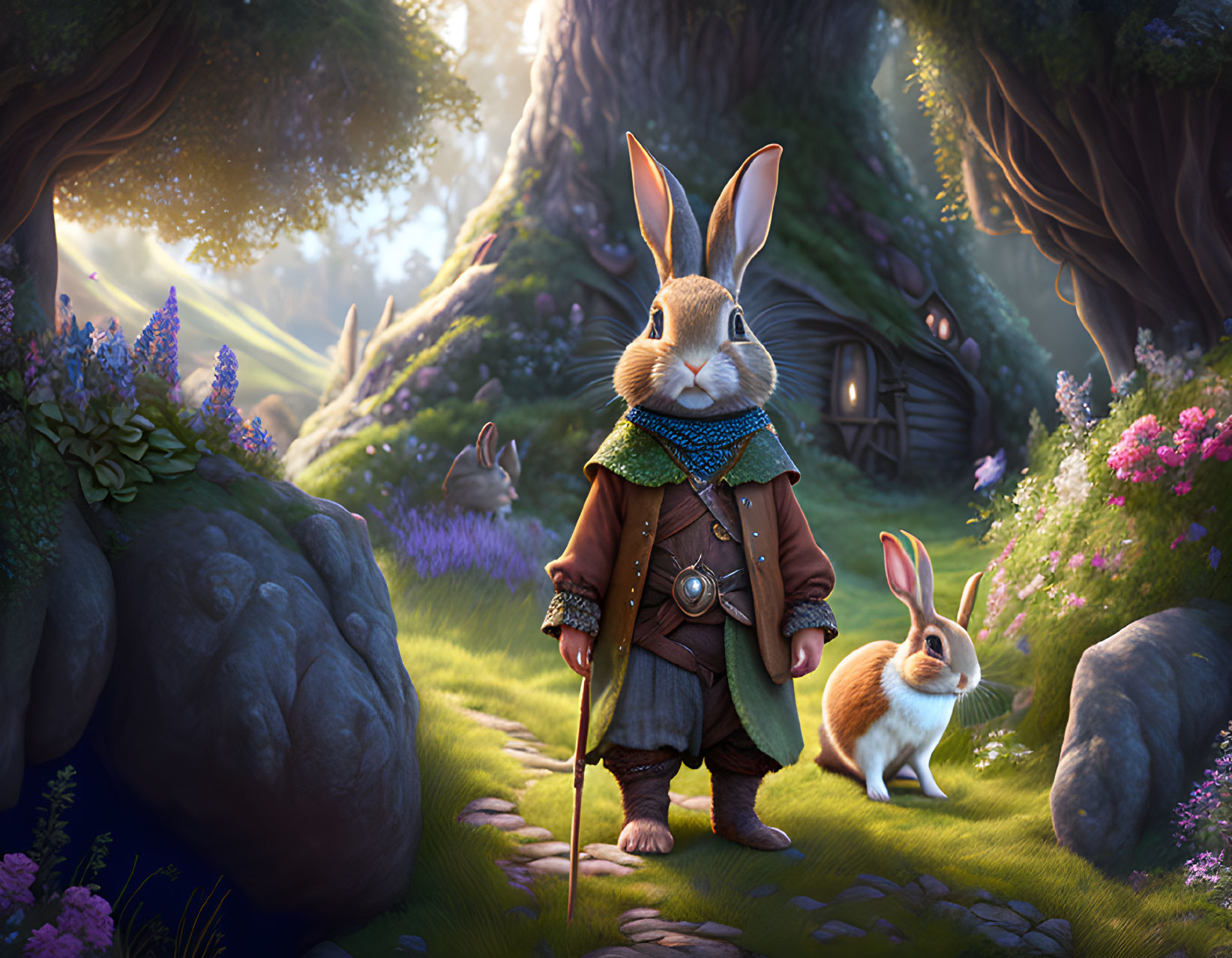 Anthropomorphic rabbit with walking stick in forest setting.