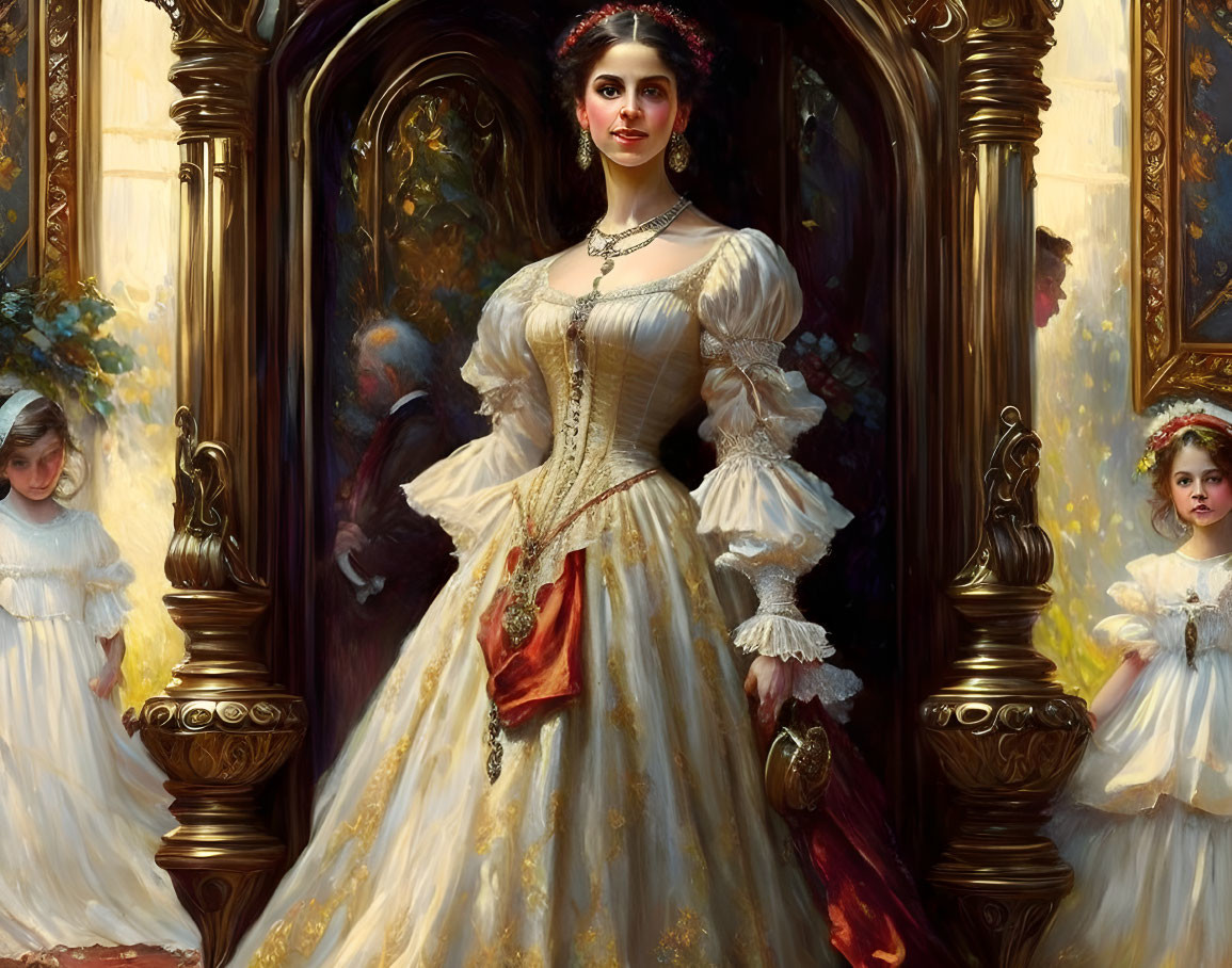 Victorian-era lady in puff sleeves dress with young girls in grand hallway