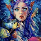 Vibrant illustration of woman with blue hair and fish in cosmic aquatic setting