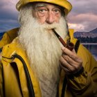 Elderly man in yellow robe and seafaring hat gazes at stormy sea