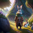 Anthropomorphic rabbit with walking stick in forest setting.