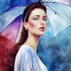 Woman with Elegant Hair and Lace Umbrella on Vibrant Background