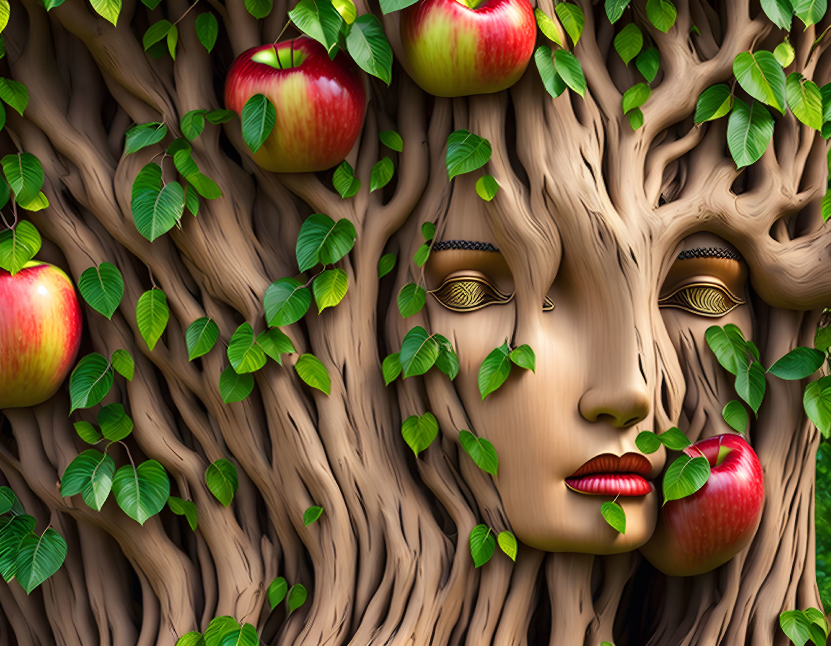 Tree with woman's face, red apples, and green leaves in artistic representation