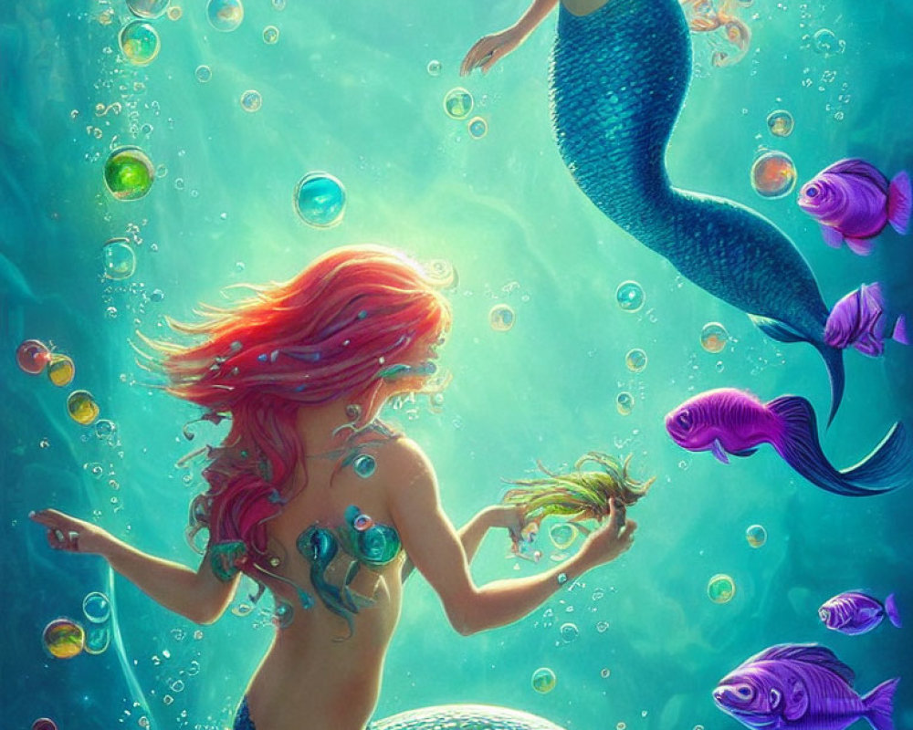 Colorful underwater scene with red-haired mermaid and purple-scaled mermaid among fish and bubbles in