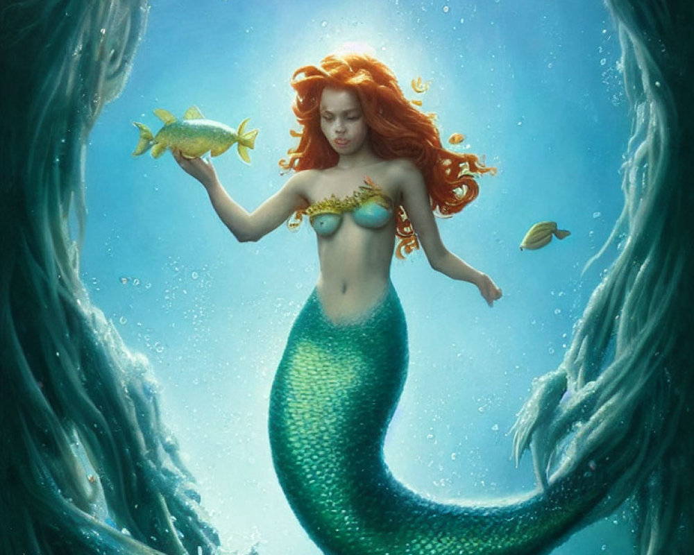 Mermaid with Long Red Hair and Green Tail Underwater Surrounded by Fish and Seaweed Holding